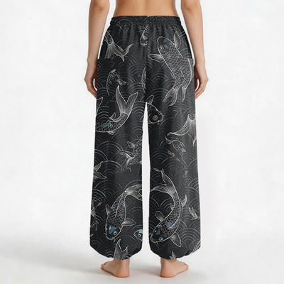 Buddha Stones Cotton Zen Koi Ripple Pattern Women's Elastic Waist Harem Pants With Side Pockets - image 9