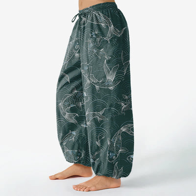 Buddha Stones Cotton Zen Koi Ripple Pattern Women's Elastic Waist Harem Pants With Side Pockets - image 11