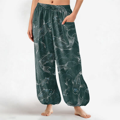Buddha Stones Cotton Zen Koi Ripple Pattern Women's Elastic Waist Harem Pants With Side Pockets - Teal - US16，UK/AU20，EU48 (3XL) - image 10