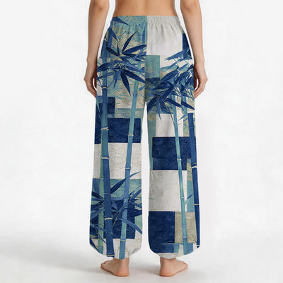 Buddha Stones Cotton Bamboo Grove Patchwork Pattern Women's Elastic Waist Harem Pants With Side Pockets - image 9