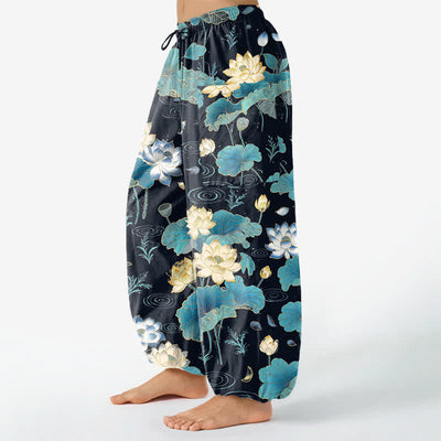 Buddha Stones Cotton Lotus Leaf Blossom Pattern Women's Elastic Waist Harem Pants With Side Pockets - image 1
