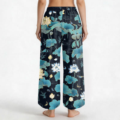 Buddha Stones Cotton Lotus Leaf Blossom Pattern Women's Elastic Waist Harem Pants With Side Pockets - image 2