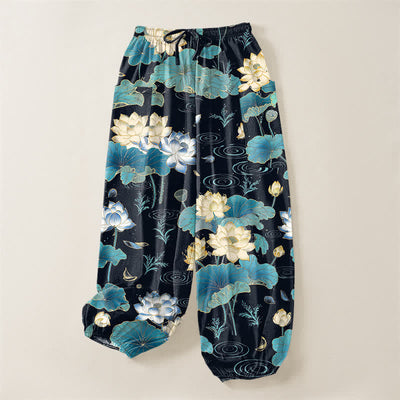 Buddha Stones Cotton Lotus Leaf Blossom Pattern Women's Elastic Waist Harem Pants With Side Pockets - image 3