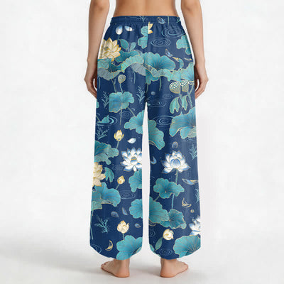 Buddha Stones Cotton Lotus Leaf Blossom Pattern Women's Elastic Waist Harem Pants With Side Pockets - image 12