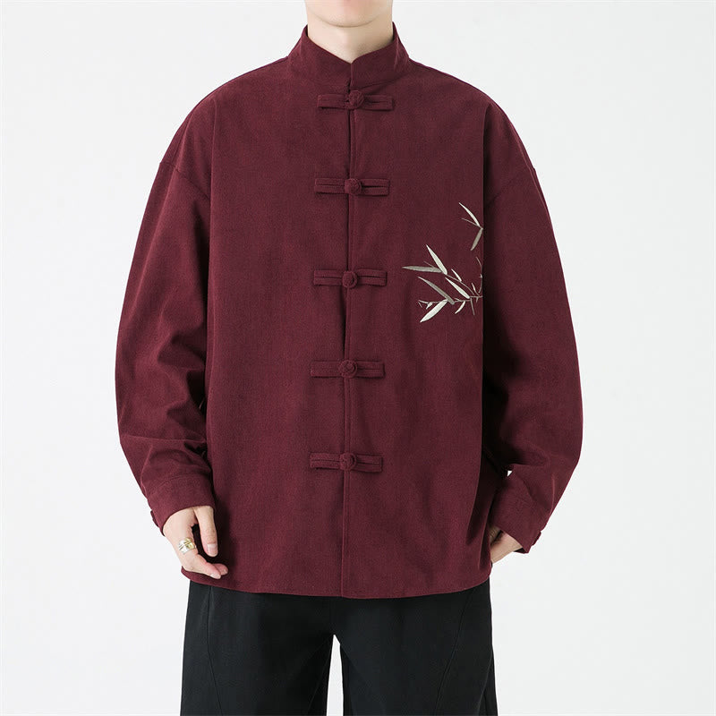 Buddha Stones Fall Winter Tang Style Vintage Frog Button Bamboo  Embroidery Corduroy Men's Jacket - image 3