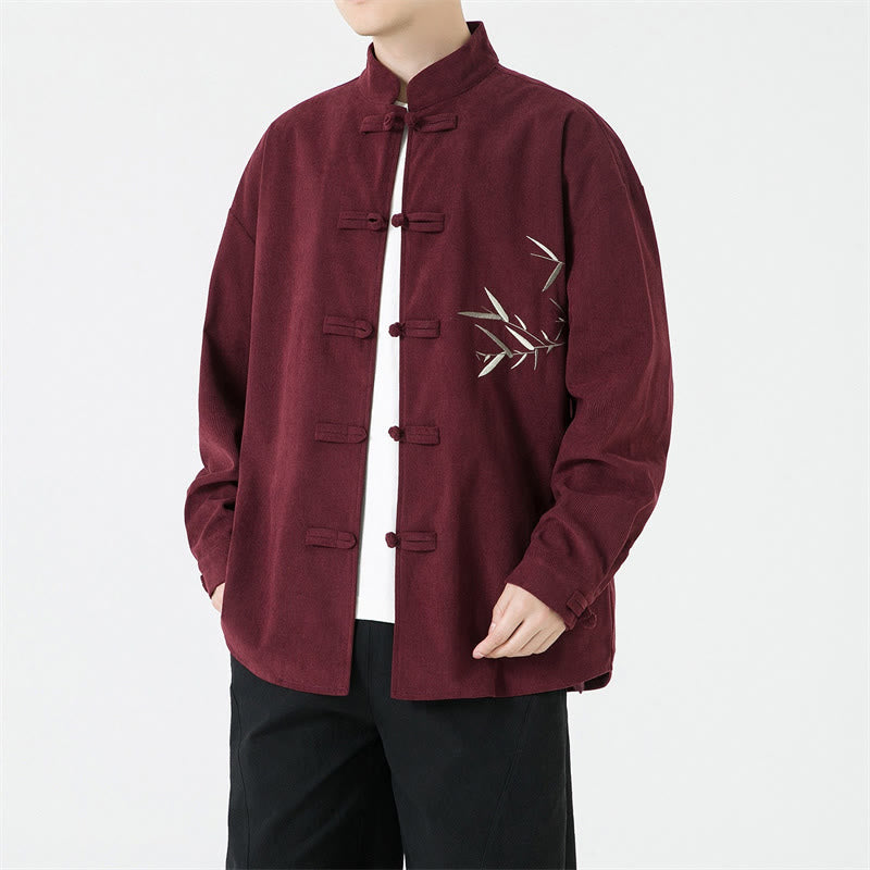 Buddha Stones Fall Winter Tang Style Vintage Frog Button Bamboo  Embroidery Corduroy Men's Jacket - image 2