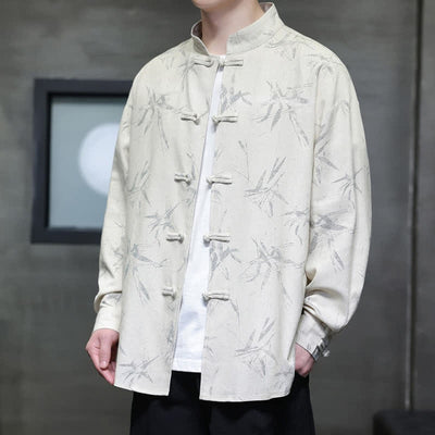 Buddha Stones Spring Casual Tang Style Frog Button Bamboo Print Men's Long Sleeve Shirts - image 1
