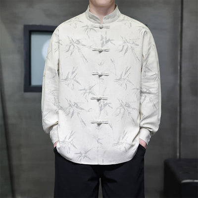 Buddha Stones Spring Casual Tang Style Frog Button Bamboo Print Men's Long Sleeve Shirts - image 3