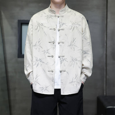 Buddha Stones Spring Casual Tang Style Frog Button Bamboo Print Men's Long Sleeve Shirts - Linen - US/UK/AU46，EU56 (5XL) - image 0