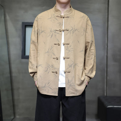 Buddha Stones Spring Casual Tang Style Frog Button Bamboo Print Men's Long Sleeve Shirts - Tan - US/UK/AU46，EU56 (5XL) - image 13