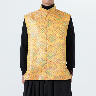Buddha Stones Fall Tang Style Elegant Mandarin Collar Sea Waves Floral Pattern Tank Top Men's Vest - Gold - US/UK/AU46，EU56 (5XL) - image 15