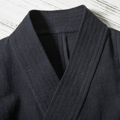 Buddha Stones Fall Winter Minimalist Drawstring V-Neck Lace-up Solid Cotton Men's Kimono - image 2