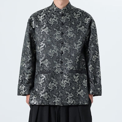 Buddha Stones Fall Winter Tang Style Elegant Mandarin Collar Abstract Dragon Men's Jacket With Pockets - image 7