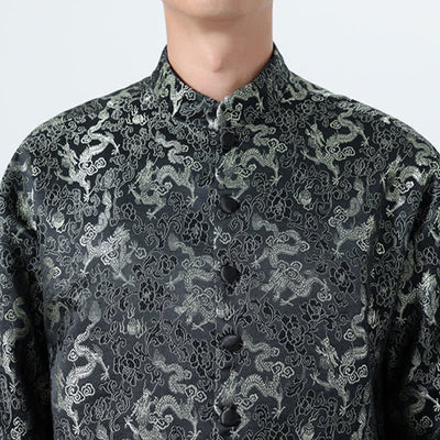 Buddha Stones Fall Winter Tang Style Elegant Mandarin Collar Abstract Dragon Men's Jacket With Pockets - image 9