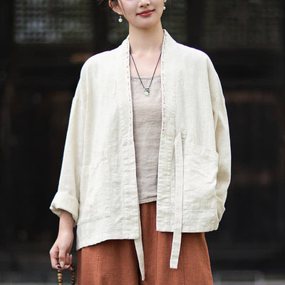 Buddha Stones Spring Summer Casual Minimalist Solid Ramie Women's Kimono With Pockets - image 10