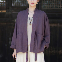 Buddha Stones Spring Summer Casual Minimalist Solid Ramie Women's Kimono With Pockets - RebeccaPurple - US4-6，UK/AU8-10，EU36-38 (F) - image 0