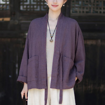 Buddha Stones Spring Summer Casual Minimalist Solid Ramie Women's Kimono With Pockets - RebeccaPurple - US4-6，UK/AU8-10，EU36-38 (F) - image 0