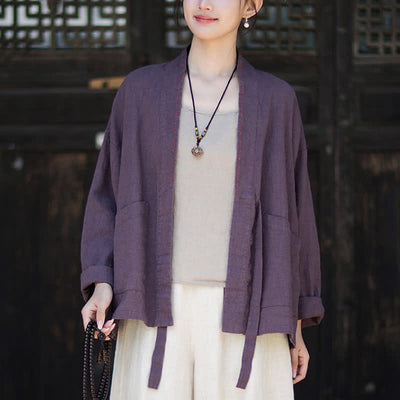 Buddha Stones Spring Summer Casual Minimalist Solid Ramie Women's Kimono With Pockets - image 4