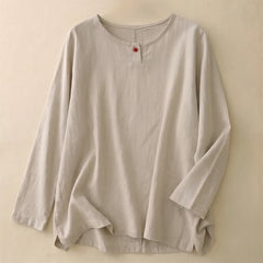 Buddha Stones Spring Fall Casual Simple Solid Crew Neck Design Cotton Women's Long Sleeve T-Shirt - Linen - US14，UK/AU18，EU46 (2XL) - image 0
