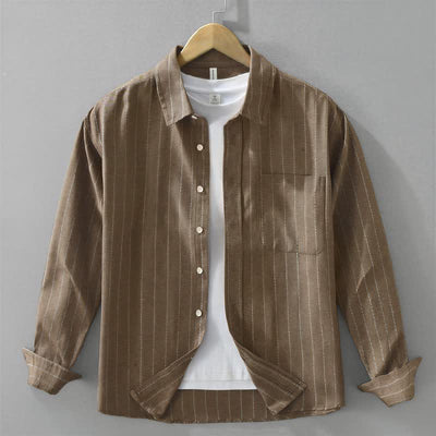 Buddha Stones Fall Casual Vintage Button-Up Striped Cotton Men's Long Sleeve Shirts With Pocket - SaddleBrown - US/UK/AU42，EU52 (3XL) - image 0