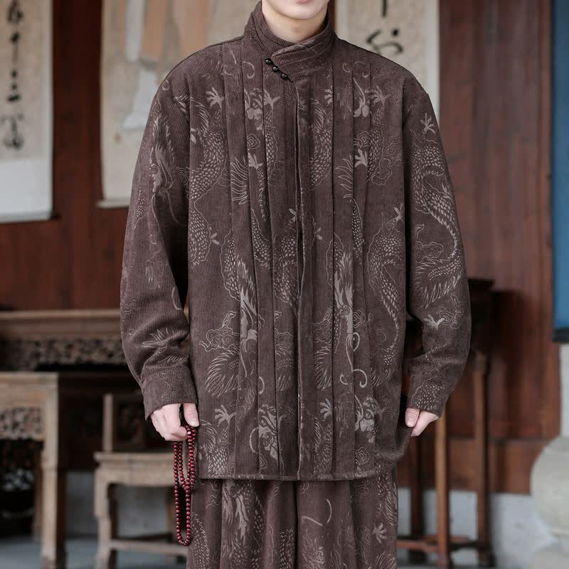 Buddha Stones Fall Winter Casual Tang Style Mandarin Collar Abstract Men's Jackets - SaddleBrown - US/UK/AU46，EU56 (5XL) - image 0