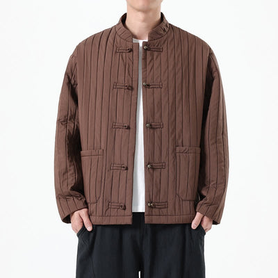 Buddha Stones Fall Winter Casual Tang Style Frog Button Solid Men's Jackets With Pocket - SaddleBrown - US/UK/AU46，EU56 (5XL) - image 0