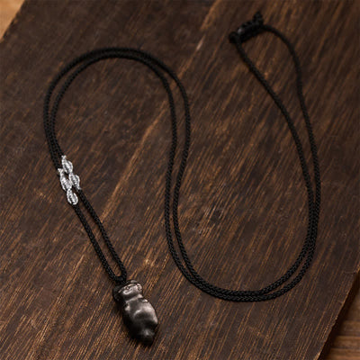 Buddha Stones Silver Sheen Obsidian Cat Pendant Grounding Braided Cord Necklace - image 1