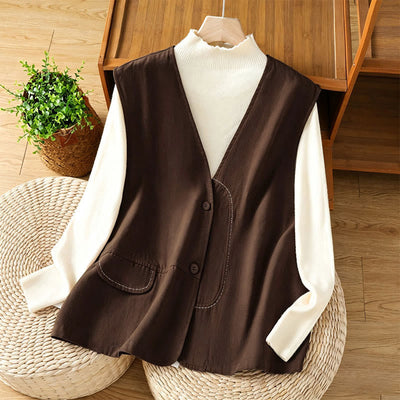 Buddha Stones Summer Casual Minimalist V-Neck Button-Up Solid Tank Top Women's Vest With Pocket - SaddleBrown - US12, UK/AU16, EU44 (2XL) - image 14