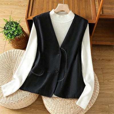 Buddha Stones Summer Casual Minimalist V-Neck Button-Up Solid Tank Top Women's Vest With Pocket - Black - US12, UK/AU16, EU44 (2XL) - image 0