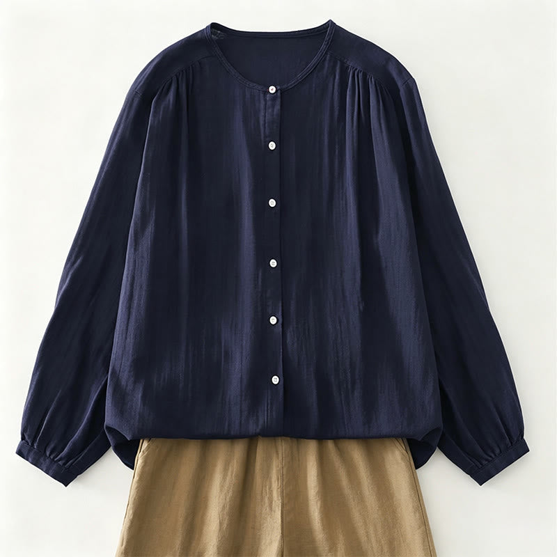 Buddha Stones Spring Fall Casual Vintage Button-Up Solid Women's Long Sleeve Shirts - MidnightBlue - US12, UK/AU16, EU44 (2XL) - image 7