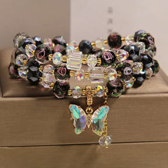 Buddha Stones Black Liuli Glass Bead Rose Butterfly Charm Transformation Triple Wrap Bracelet - Butterfly(Transformation ♥ Love) - image 0