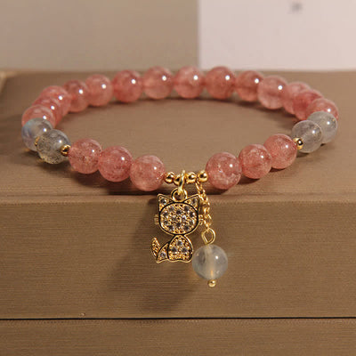 Buddha Stones Strawberry Quartz Moonstone Cat Charm Love Bracelet - Strawberry Quartz(Wrist Circumference: 5.5-5.9  in / 14-15cm) - image 0