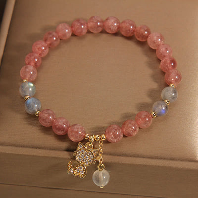 Buddha Stones Strawberry Quartz Moonstone Cat Charm Love Bracelet - image 1