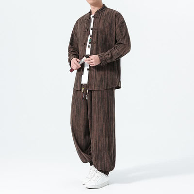 Buddha Stones 2Pcs Fall Winter Tang Style Mandarin Collar Striped Corduroy Shirt Pants Men's Meditation Cloth - SaddleBrown - US/UK/AU46，EU56 (5XL) - image 17