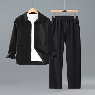 Buddha Stones Spring Fall Casual Minimalist Button-Up Solid Ramie Shirt Pants Men's Meditation Cloth With Pockets - Black - US/UK/AU42，EU52 (3XL) - image 1