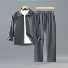 Buddha Stones Spring Fall Casual Minimalist Button-Up Solid Ramie Shirt Pants Men's Meditation Cloth With Pockets - DimGray - US/UK/AU42，EU52 (3XL) - image 0