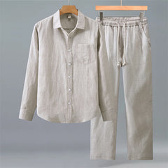 Buddha Stones 2Pcs Spring Fall Casual Button-Up Solid Shirt Pants Men's Meditation Cloth With Pockets - Beige - US/UK/AU42，EU52 (3XL) - image 0