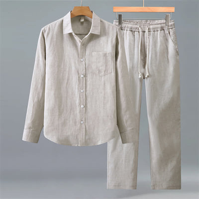 Buddha Stones 2Pcs Spring Fall Casual Button-Up Solid Shirt Pants Men's Meditation Cloth With Pockets - Beige - US/UK/AU42，EU52 (3XL) - image 0