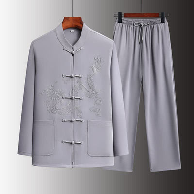 Buddha Stones Spring 2Pcs Fall Tang Style Mandarin Collar Frog Button Embroidery Dragon Shirt Pants Men's Meditation Cloth With Pockets - LightGray - US/UK/AU44，EU54 (4XL) - image 12