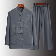 Foviel Spring 2Pcs Fall Tang Style Mandarin Collar Frog Button Embroidery Dragon Shirt Pants Men's Meditation Cloth With Pockets