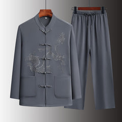 Buddha Stones Spring 2Pcs Fall Tang Style Mandarin Collar Frog Button Embroidery Dragon Shirt Pants Men's Meditation Cloth With Pockets - DarkGray - US/UK/AU44，EU54 (4XL) - image 0