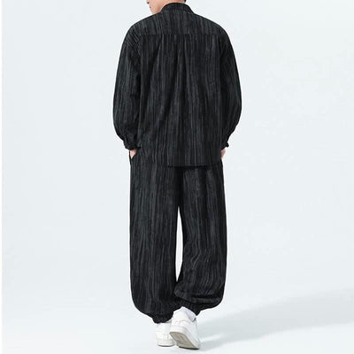 Buddha Stones 2Pcs Fall Winter Tang Style Mandarin Collar Striped Corduroy Shirt Pants Men's Meditation Cloth - image 14