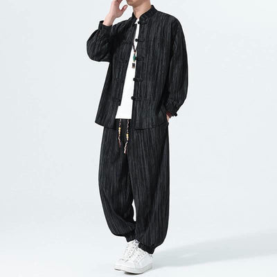 Buddha Stones 2Pcs Fall Winter Tang Style Mandarin Collar Striped Corduroy Shirt Pants Men's Meditation Cloth - image 12