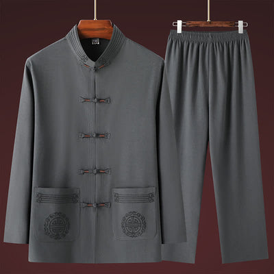 Buddha Stones 2Pcs Spring Fall Tang Style Casual Mandarin Collar Frog Button Solid Shirt Pants Men's Meditation Cloth With Pockets - image 1