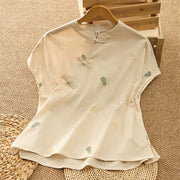 Foviel Summer Tang Style Mandarin Collar Frog Button Gourd Embroidery Women's Short Sleeve Shirts