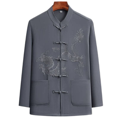 Buddha Stones Spring 2Pcs Fall Tang Style Mandarin Collar Frog Button Embroidery Dragon Shirt Pants Men's Meditation Cloth With Pockets - image 2