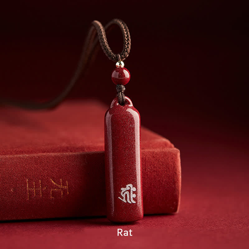 Buddha Stones Chinese Zodiac Cinnabar Amulet Protection String Necklace Pendant - Brown - Rat - image 2