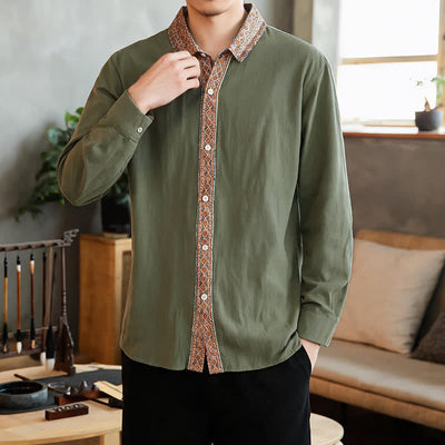 Buddha Stones Spring Fall Casual Vintage Button-Up Geometric Men's Long Sleeve Shirts - DarkOliveGreen - US/UK/AU42, EU52 (3XL) - image 11