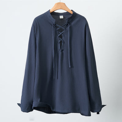 Buddha Stones Spring Fall Casual Tang Style Drawstring Solid Cotton Linen Men's Long Sleeve Shirts - image 2