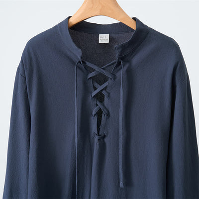 Buddha Stones Spring Fall Casual Tang Style Drawstring Solid Cotton Linen Men's Long Sleeve Shirts - image 4